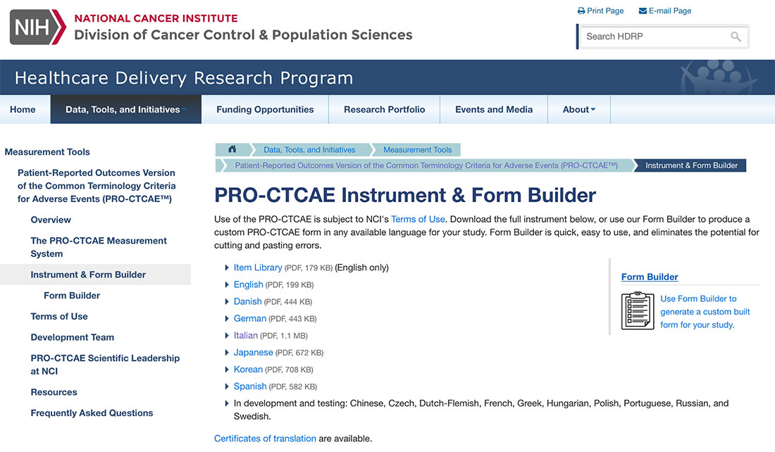 NCI website ITA pro ctcae